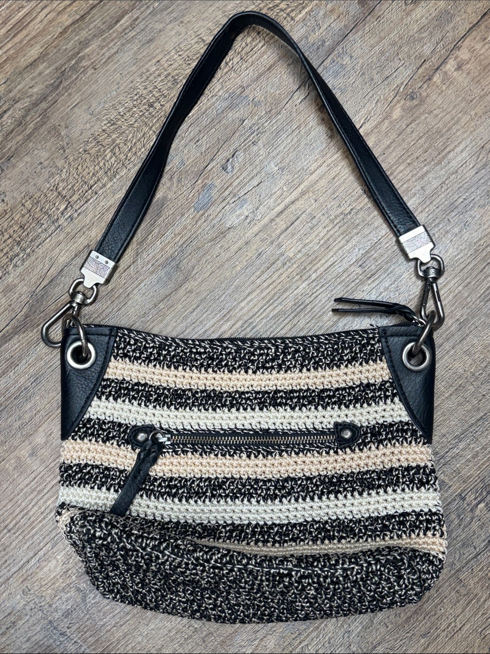 The Sak Black & Cream Striped Woven Shoulder Bag